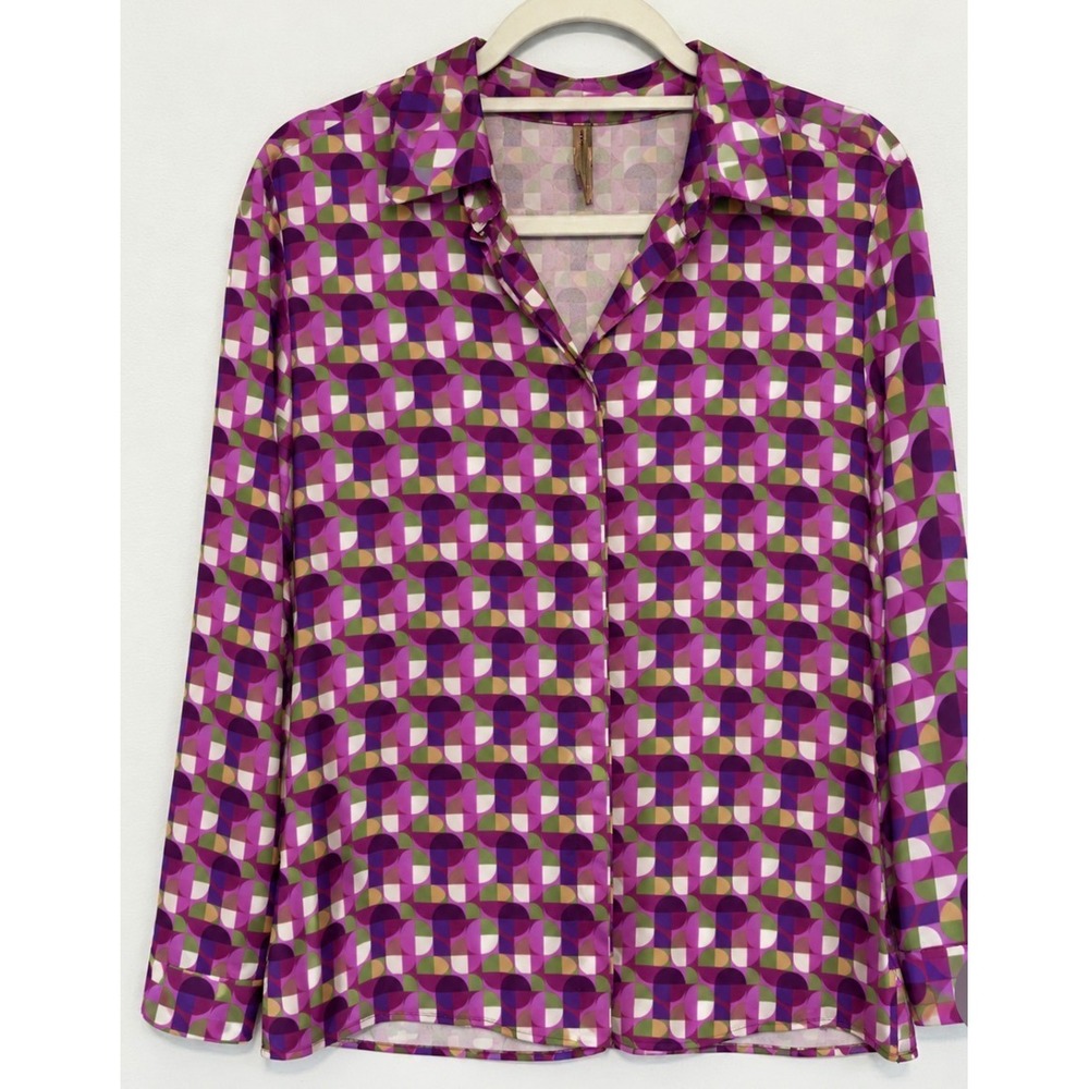 New Collection Purple Geometric Retro Print Long Sleeve Button Down Blouse